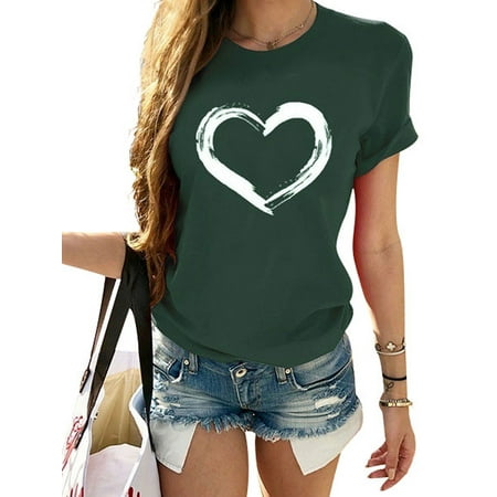 CGKUITER Womens Love Shirt Casual Short Sleeve Loose O Neck Shirts Letter Print Heart-Shaped Leisure Tees Tops
